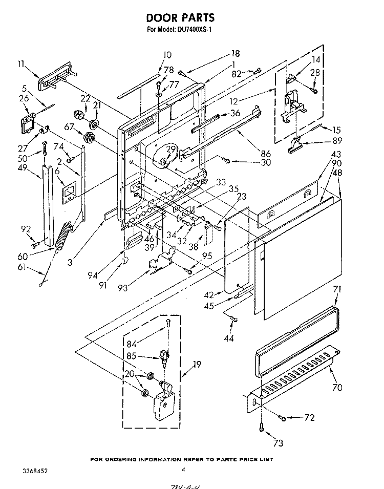 DOOR Diagram and Parts List for DU7400XS1  Whirlpool Dishwasher