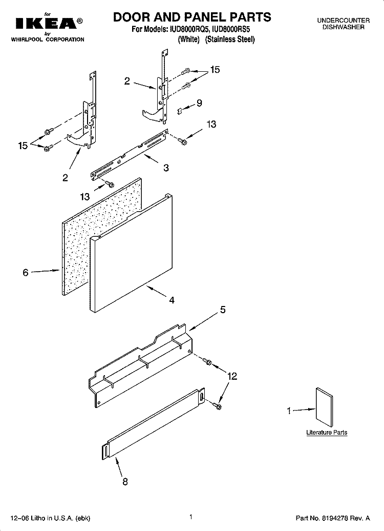 DOOR AND PANEL PARTS Diagram and Parts List for IUD8000RS5  Whirlpool Dishwasher