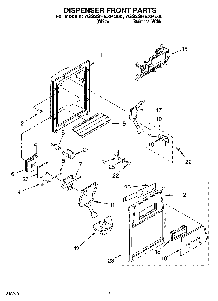 DISPENSER FRONT PARTS Diagram and Parts List for 7GS2SHEXPQ00  Whirlpool Refrigerator