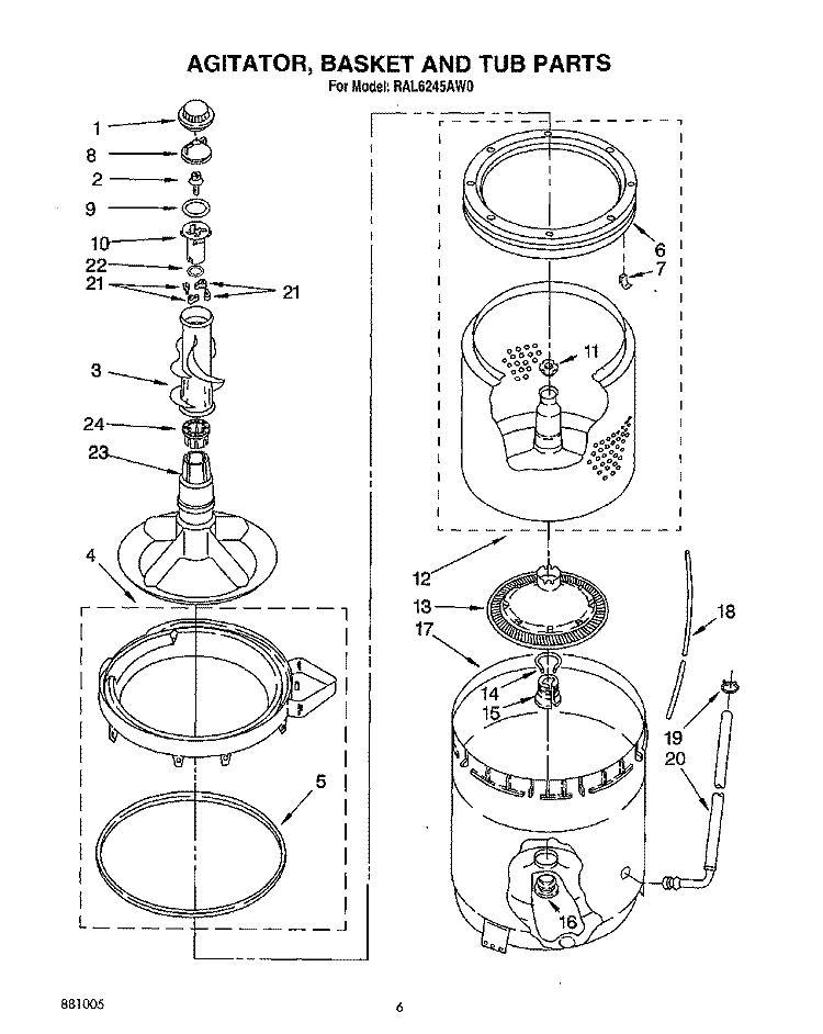 AGITATOR, BASKET, AND TUB Diagram and Parts List for RAL6245AG0  Whirlpool Washer