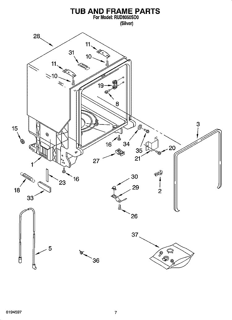 TUB AND FRAME PARTS Diagram and Parts List for RUD8050SD0  Roper Dishwasher
