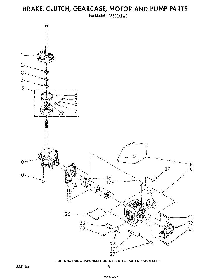 BRAKE, CLUTCH, GEARCASE, MOTOR AND PUMP Diagram and Parts List for LA9800XTN0  Whirlpool Washer
