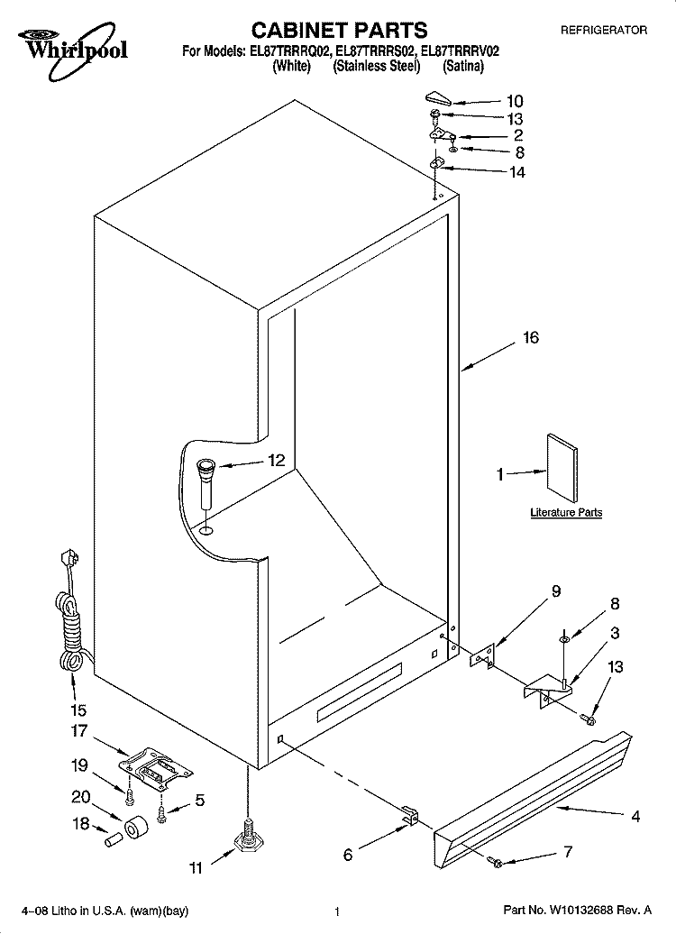 CABINET PARTS Diagram and Parts List for EL87TRRRQ02  Whirlpool Refrigerator