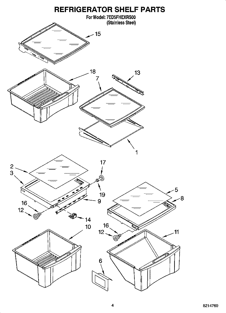 REFRIGERATOR SHELF PARTS Diagram and Parts List for 7ED5FHEXRS00  Whirlpool Refrigerator