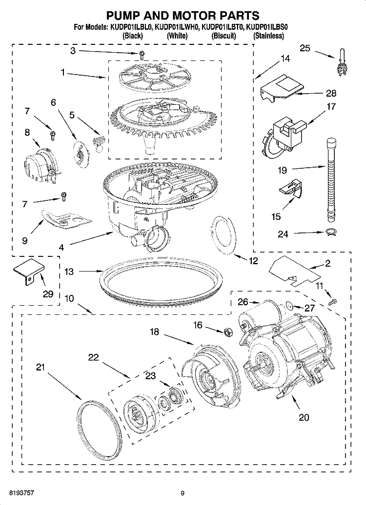 PUMP AND MOTOR PARTS Diagram and Parts List for KUDP01ILBS0  KitchenAid Dishwasher