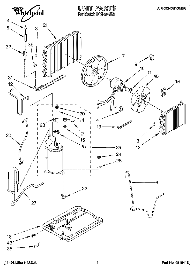 UNIT Diagram and Parts List for ACM492XX3  Whirlpool Air Conditioner