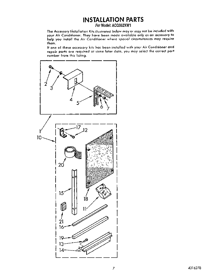INSTALLATION Diagram and Parts List for ACQ062XW1  Whirlpool Air Conditioner