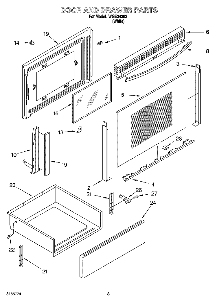 DOOR AND DRAWER PARTS Diagram and Parts List for WGE34303  Whirlpool Range