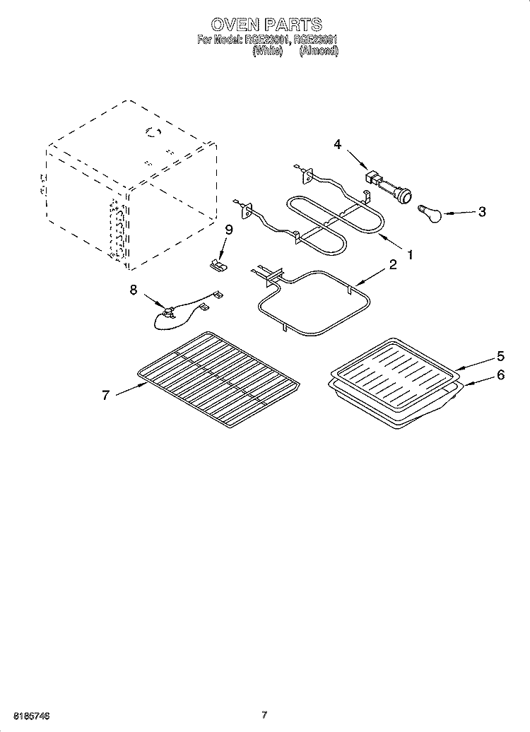 OVEN PARTS, MISCELLANEOUS PARTS Diagram and Parts List for RGE23001  Roper Range