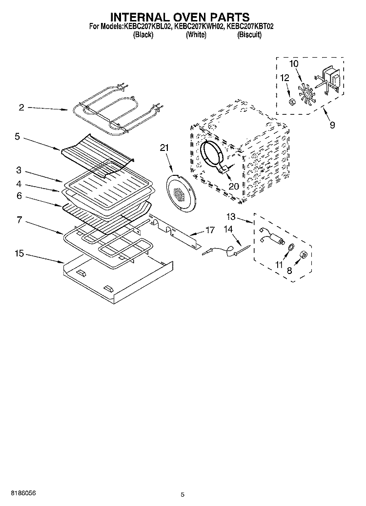 INTERNAL OVEN PARTS Diagram and Parts List for KEBC207KBL02  KitchenAid Wall Oven