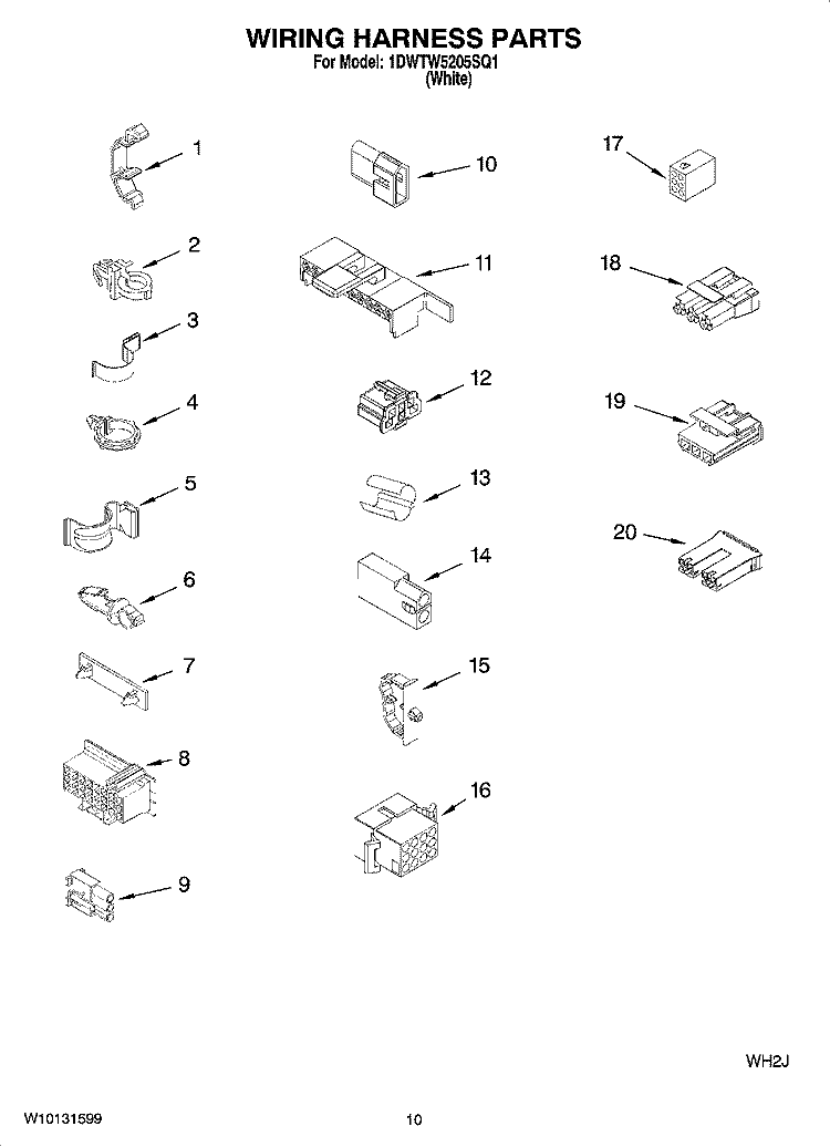 WIRING HARNESS PARTS Diagram and Parts List for 1DWTW5205SQ1  Whirlpool Washer