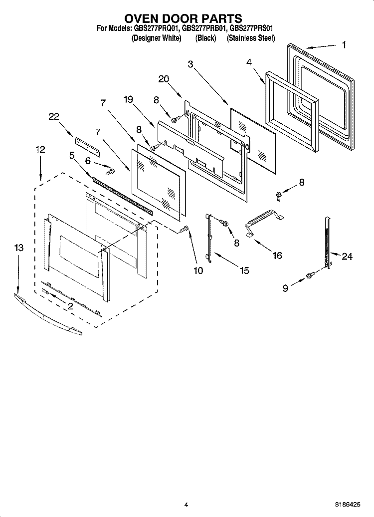 OVEN DOOR PARTS Diagram and Parts List for GBS277PRS01  Whirlpool Wall Oven