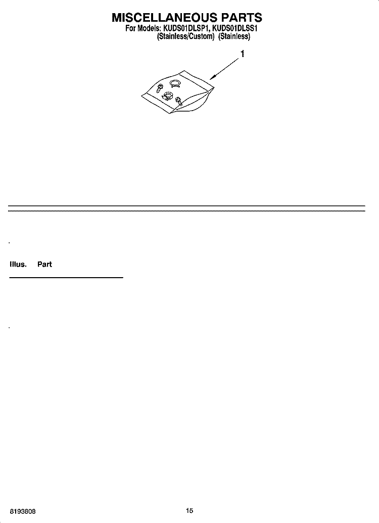 MISCELLANEOUS PARTS OPTIONAL PARTS (NOT INCLUDED) Diagram and Parts List for KUDS01DLSS1  KitchenAid Dishwasher