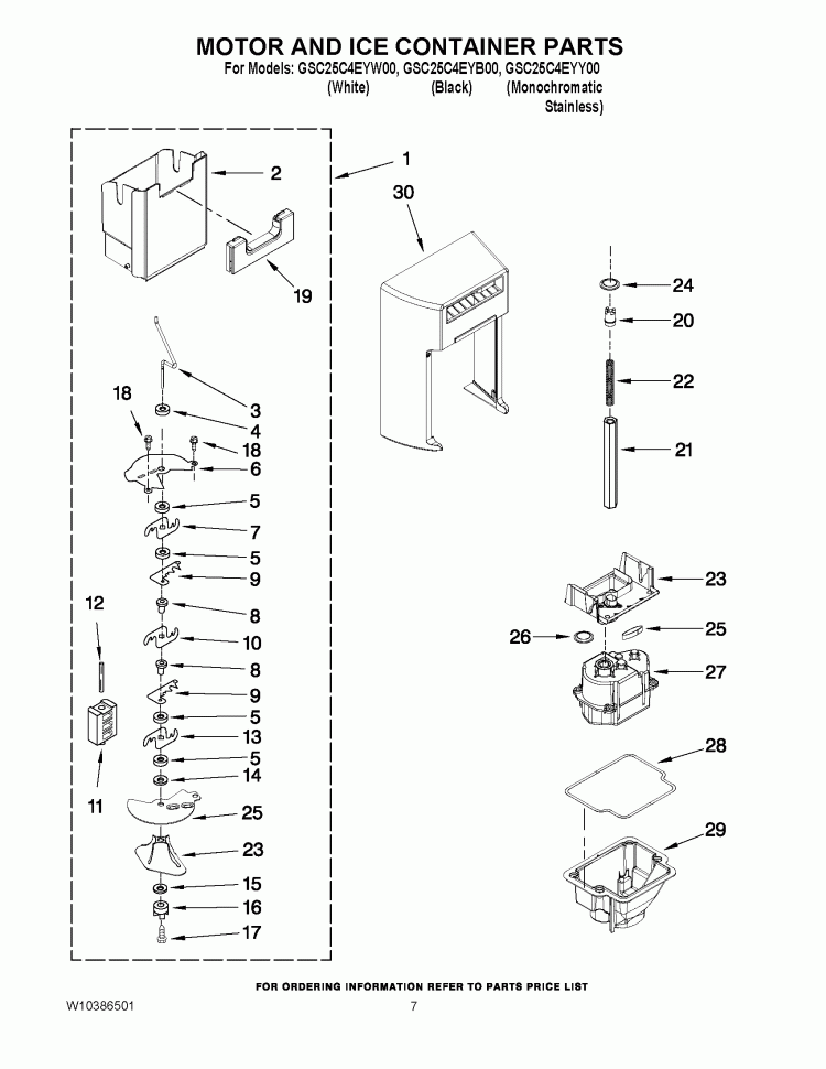 MOTOR AND ICE CONTAINER PARTS Diagram and Parts List for GSC25C4EYB00  Whirlpool Refrigerator