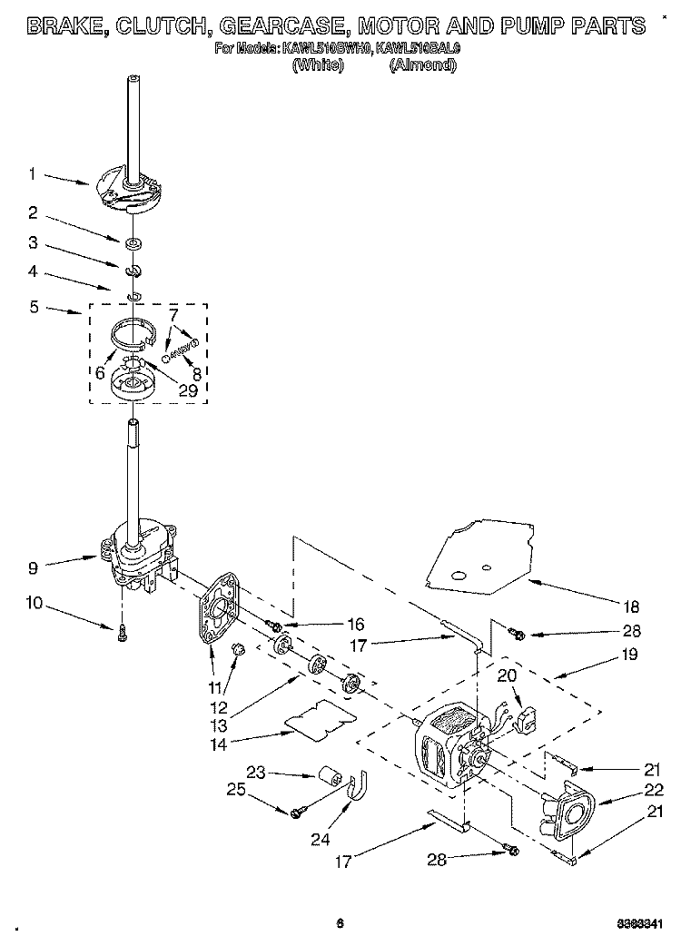 BRAKE, CLUTCH, GEARCASE, MOTOR AND PUMP Diagram and Parts List for KAWL510BWH0  KitchenAid Washer