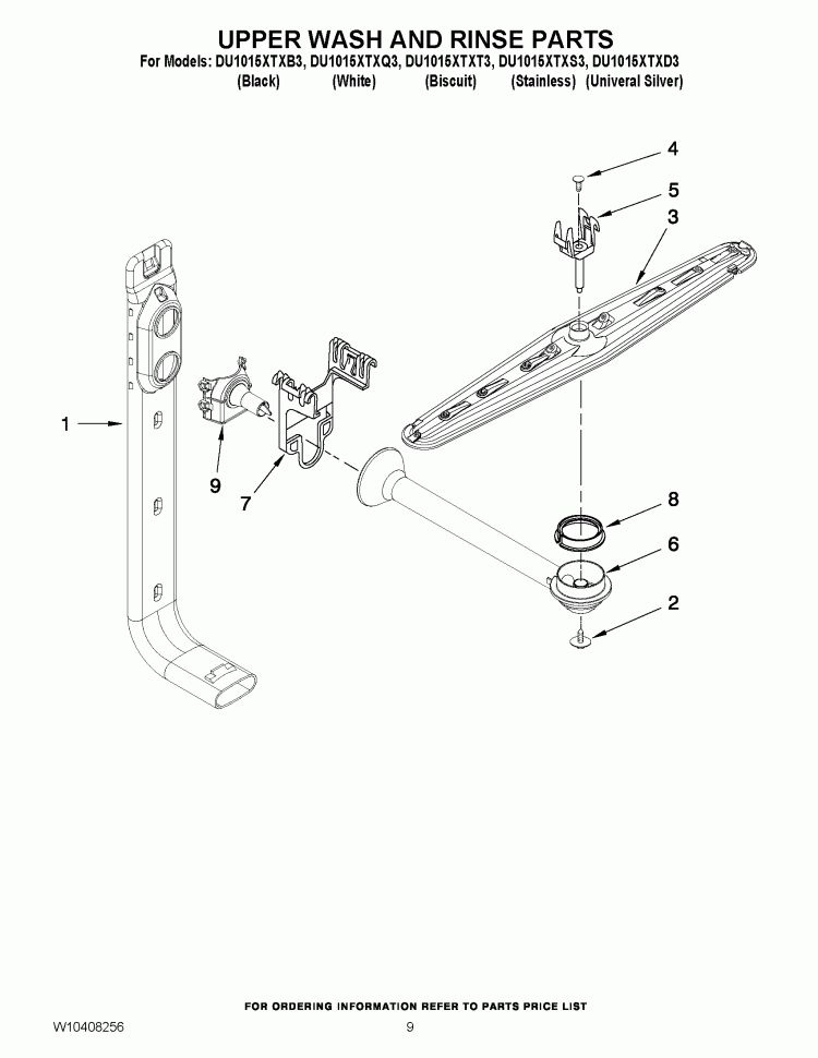 UPPER WASH AND RINSE PARTS Diagram and Parts List for DU1015XTXQ3  Whirlpool Dishwasher