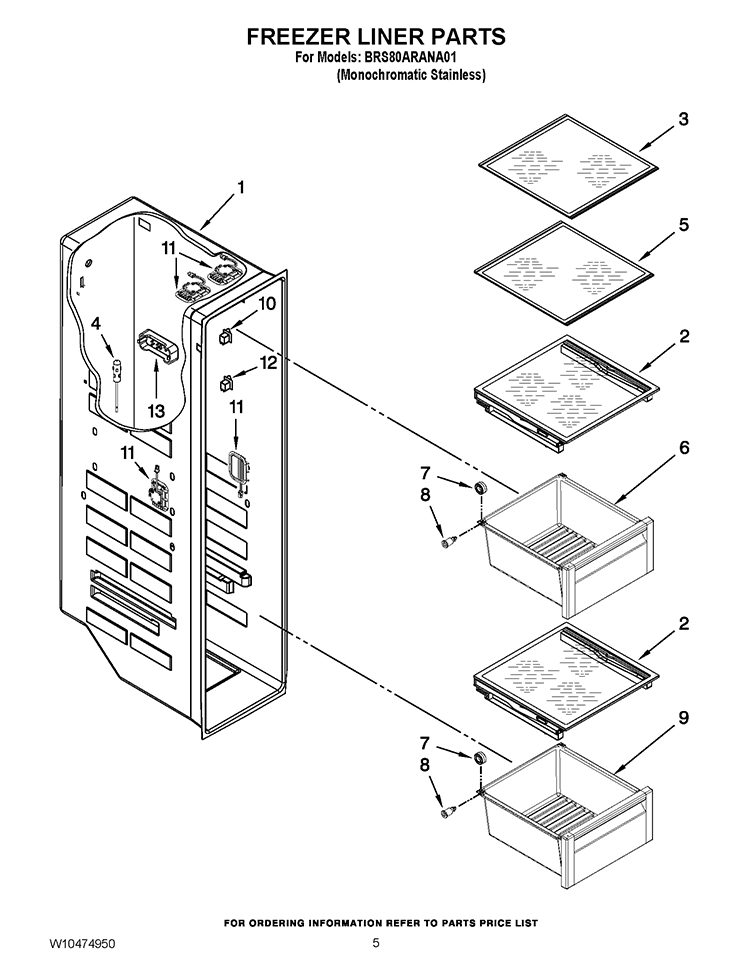 FREEZER LINER PARTS Diagram and Parts List for BRS80ARANA01  Whirlpool Refrigerator