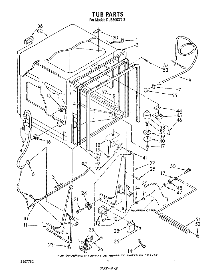 TUB , LITERATURE AND OPTIONAL Diagram and Parts List for DU8300XT3  Whirlpool Dishwasher