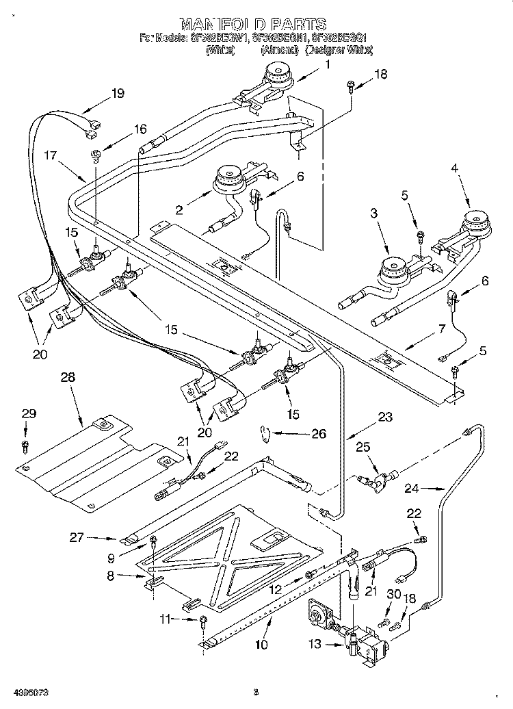 MANIFOLD Diagram and Parts List for SF362BEGQ1  Whirlpool Range