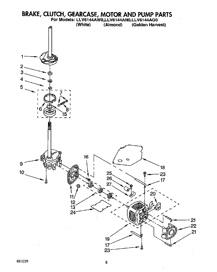 BRAKE, CLUTCH, GEARCASE, MOTOR AND PUMP Diagram and Parts List for LLV6144AG0  Whirlpool Washer