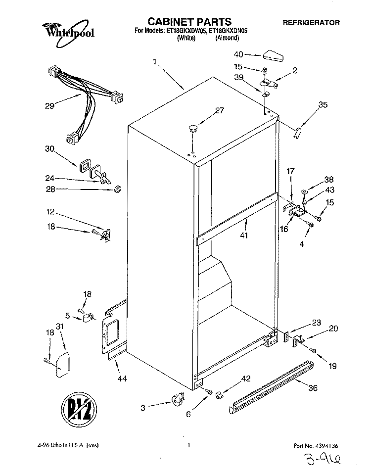 CABINET Diagram and Parts List for ET18GKXDN05  Whirlpool Refrigerator