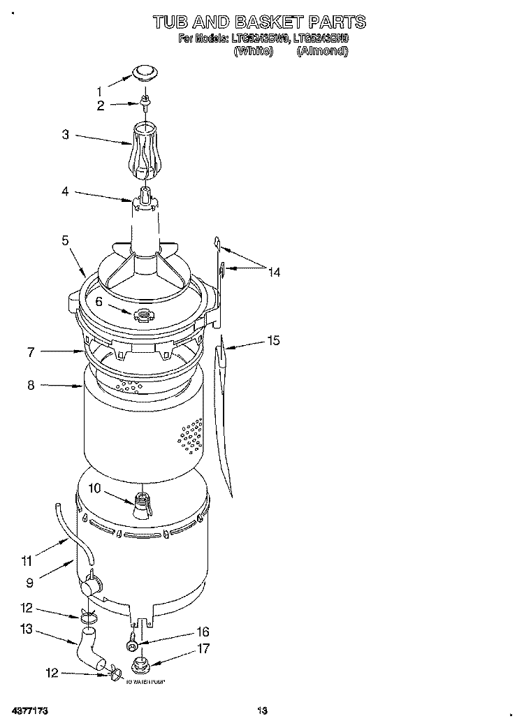 TUB AND BASKET Diagram and Parts List for LTG5243BW0  Whirlpool Washer Dryer Combo