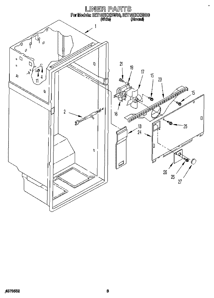 LINER Diagram and Parts List for 3ET18DKXBW00  Whirlpool Refrigerator