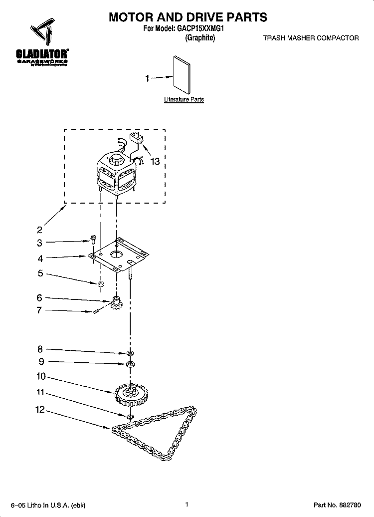 MOTOR AND DRIVE PARTS Diagram and Parts List for GACP15XXMG1  Whirlpool Trash Compactor