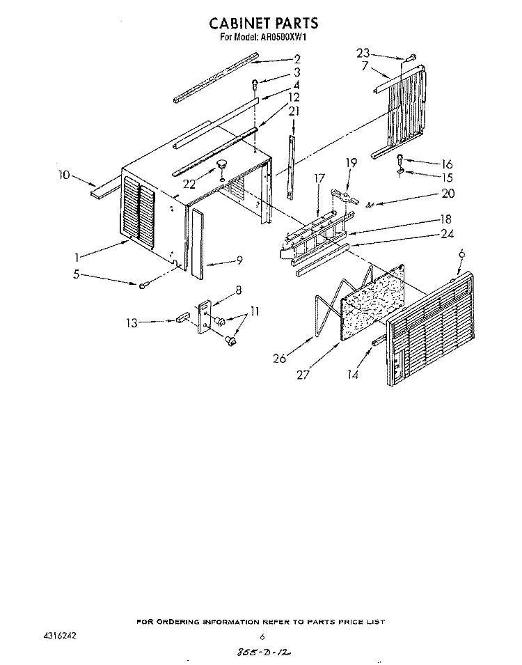 CABINET Diagram and Parts List for AR0500XW1  Whirlpool Air Conditioner