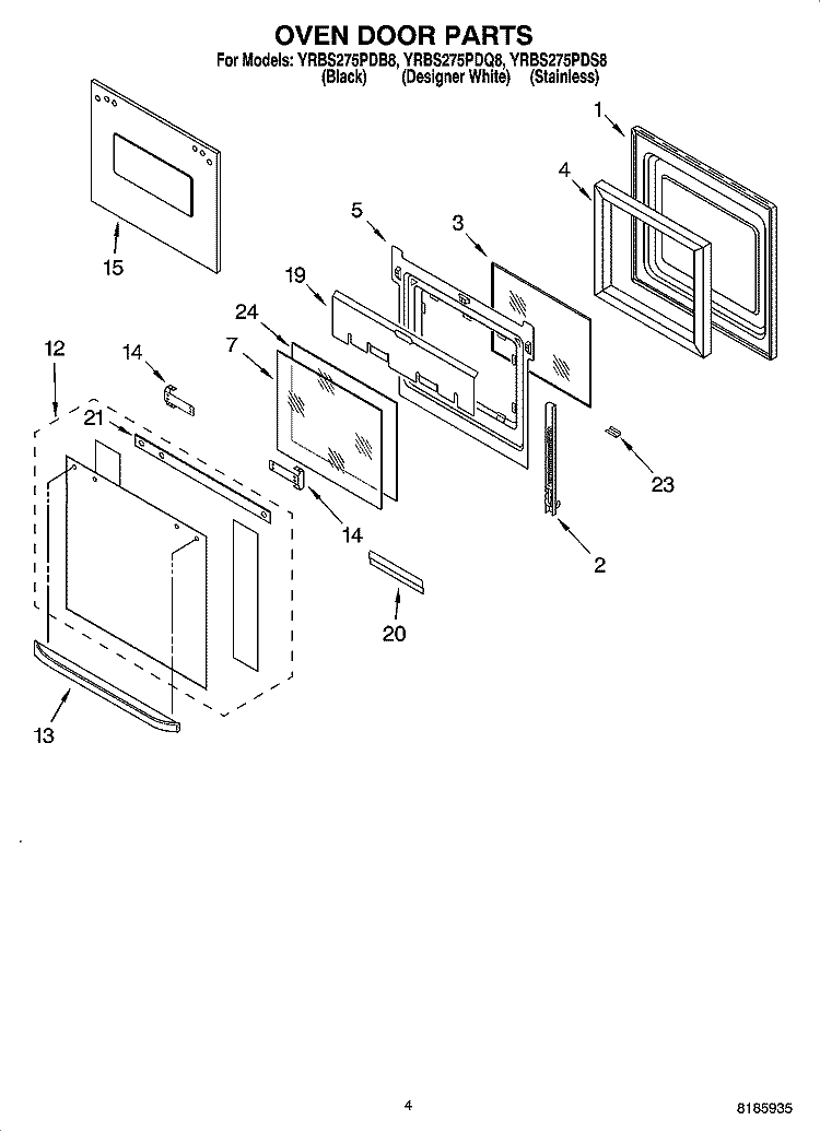 OVEN DOOR PARTS Diagram and Parts List for YRBS275PDQ8  Whirlpool Wall Oven