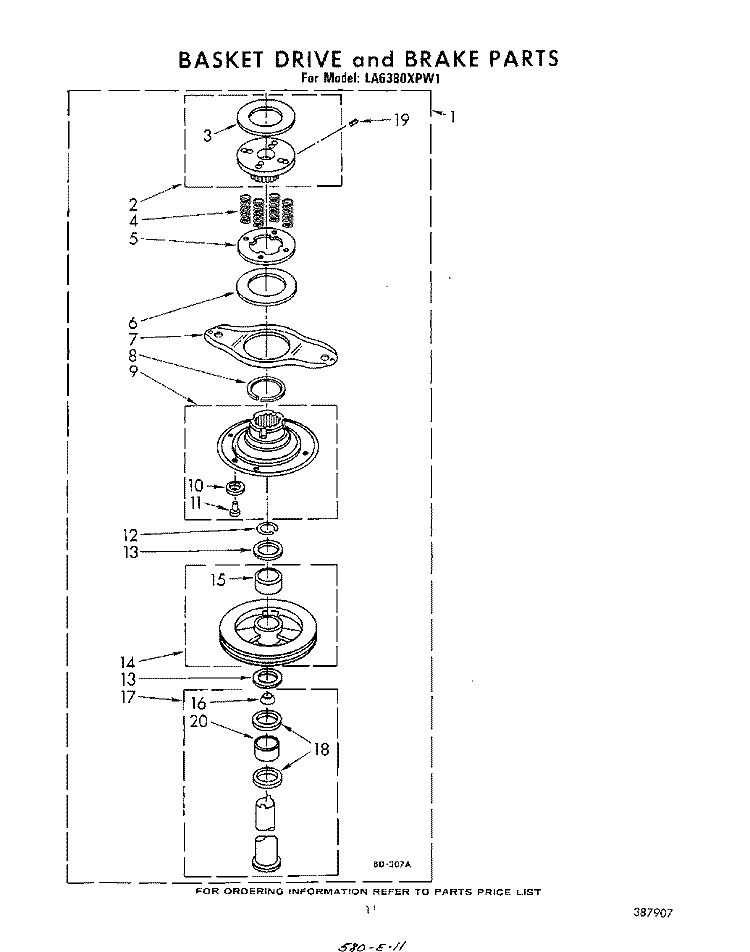 BASKET DRIVE AND BRAKE Diagram and Parts List for LA6380XPW1  Whirlpool Washer