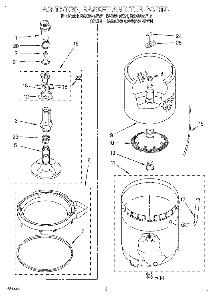 AGITATOR, BASKET AND TUB Diagram and Parts List for RAS8245EQ1  Roper Washer