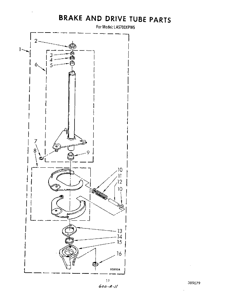 BRAKE AND DRIVE TUBE Diagram and Parts List for LA5700XPW5  Whirlpool Washer