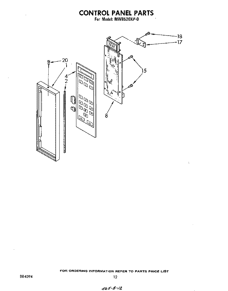 CONTROL PANEL Diagram and Parts List for MW8520XP0  Whirlpool Microwave