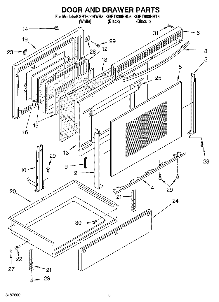 DOOR AND DRAWER Diagram and Parts List for KGRT600HBT5  KitchenAid Range