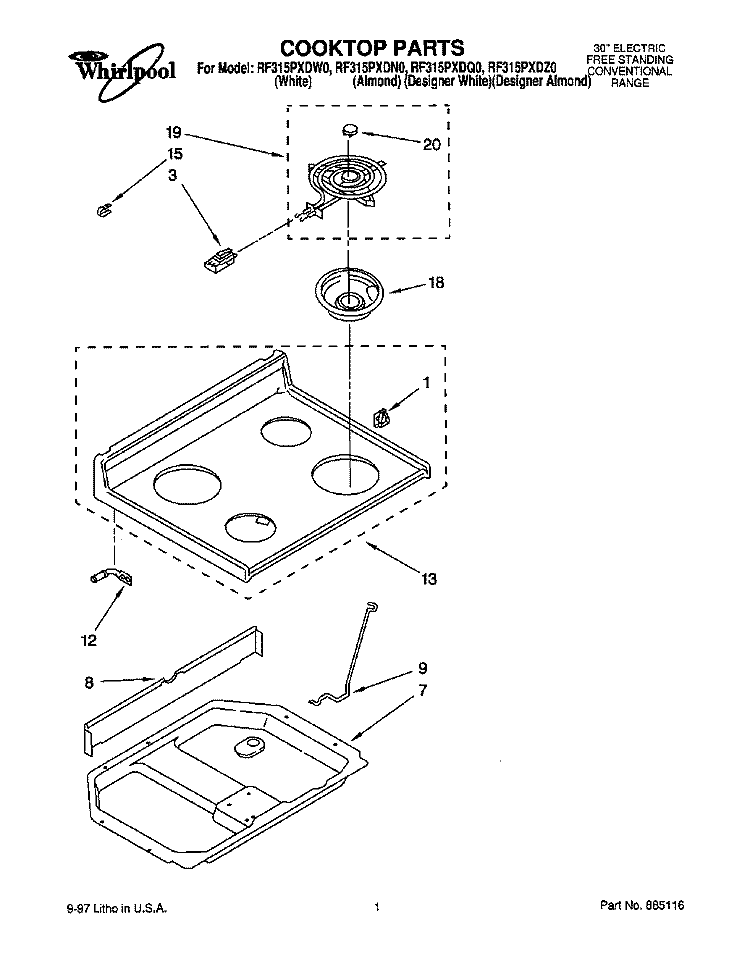 COOKTOP, LITERATURE Diagram and Parts List for RF315PXDW0  Whirlpool Range