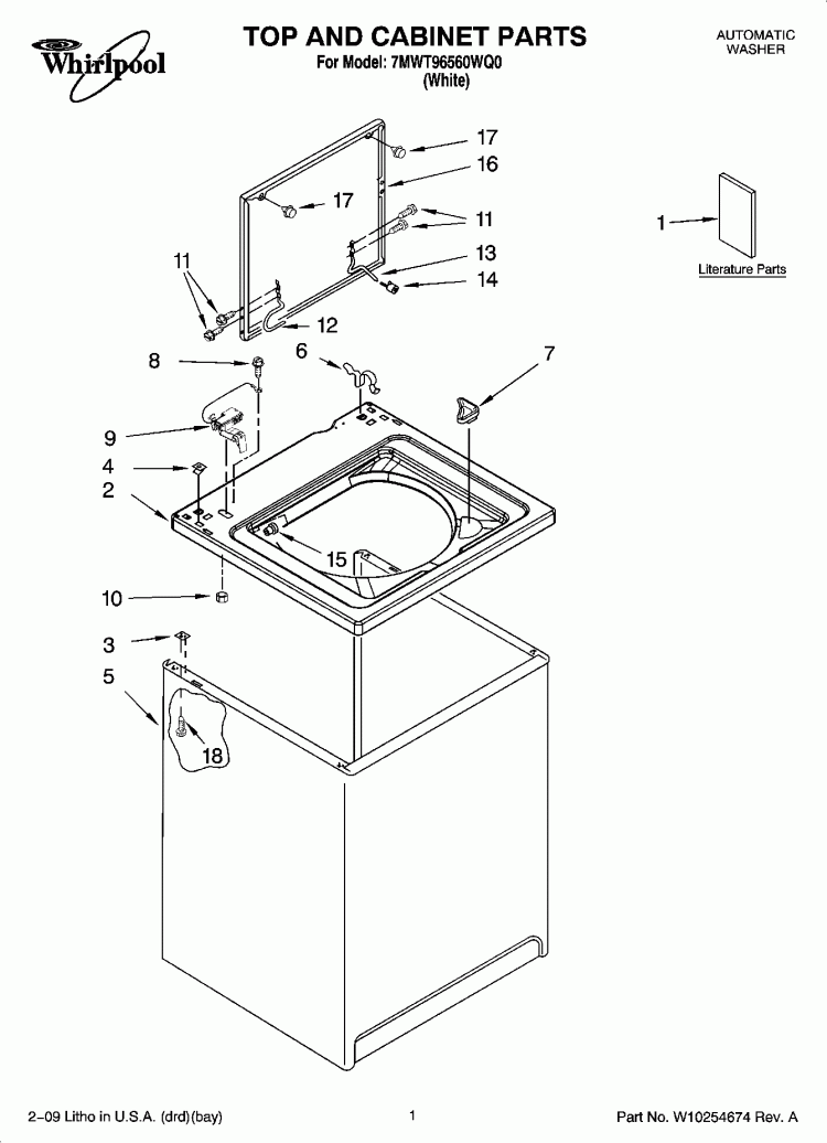 TOP AND CABINET PARTS Diagram and Parts List for 7MWT96560WQ0  Whirlpool Washer