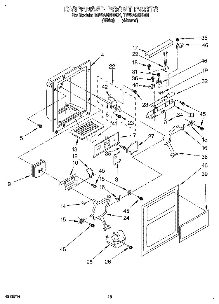 DISPENSER FRONT Diagram and Parts List for TS25AQXBN01  Estate Refrigerator