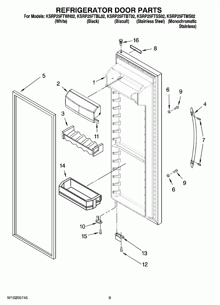 REFRIGERATOR DOOR PARTS Diagram and Parts List for KSRP25FTWH02  KitchenAid Refrigerator