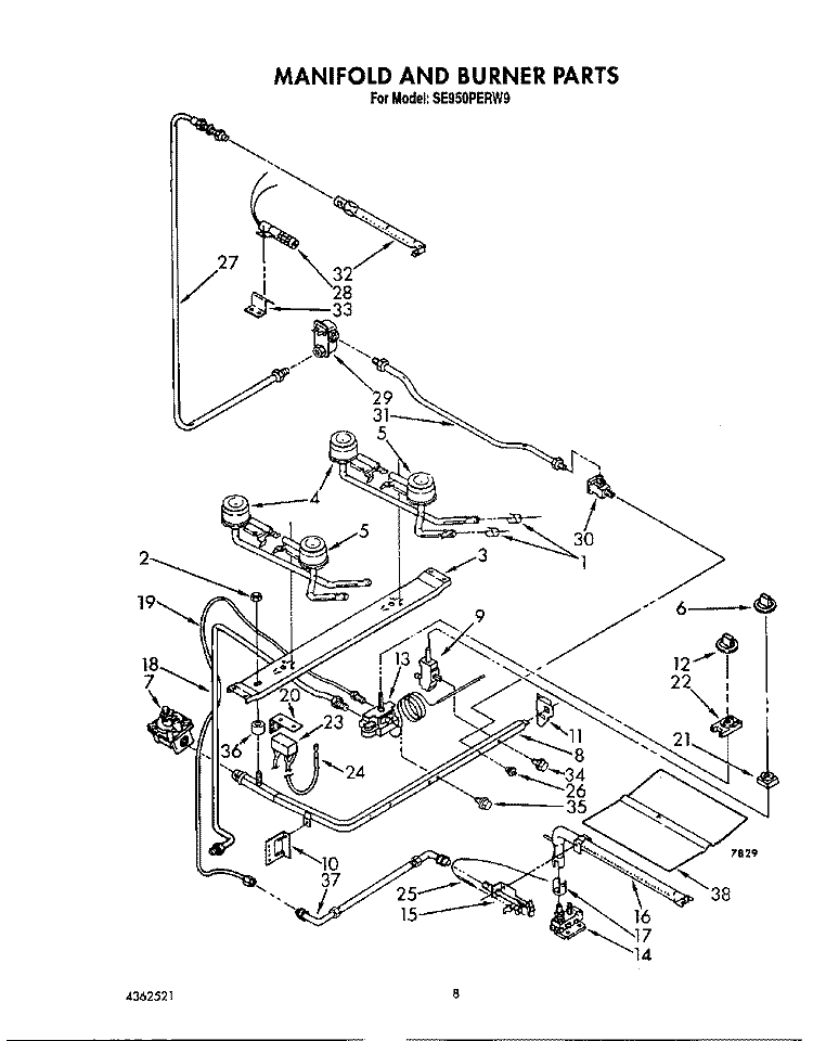 MANIFOLD AND BURNER Diagram and Parts List for SE950PERW9  Whirlpool Range