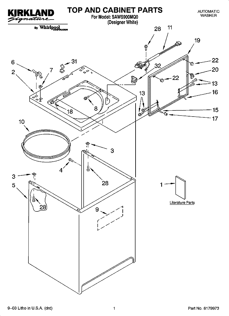 TOP AND CABINET PARTS Diagram and Parts List for SAWS900MQ0  Whirlpool Washer