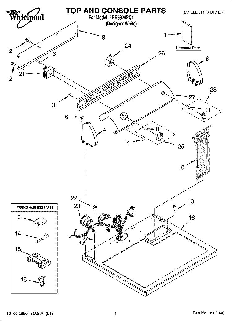 TOP AND CONSOLE PARTS Diagram and Parts List for LER3624PQ1  Whirlpool Dryer