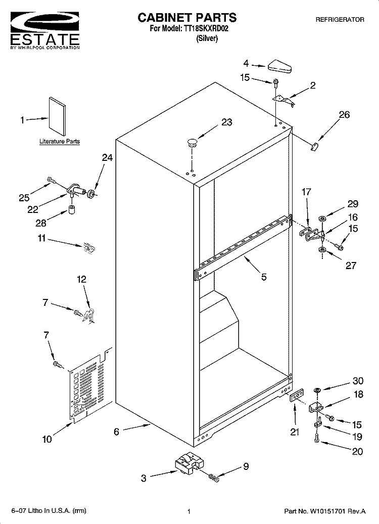 CABINET PARTS Diagram and Parts List for TT18SKXRD02  Estate Refrigerator