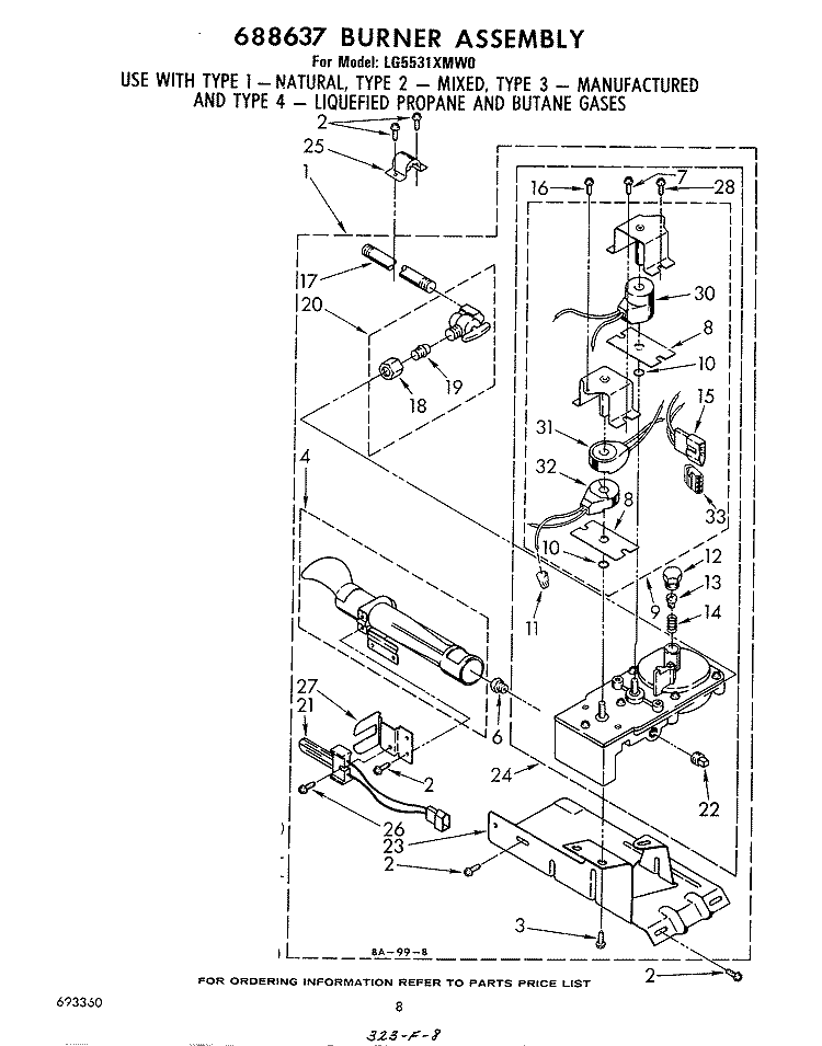 688637 BURNER Diagram and Parts List for LG5531XMW0  Whirlpool Dryer