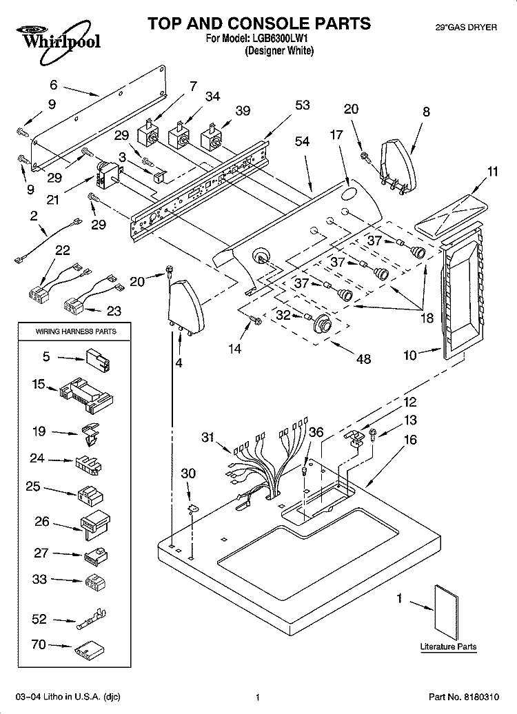 TOP AND CONSOLE PARTS Diagram and Parts List for LGB6300LW1  Whirlpool Dryer