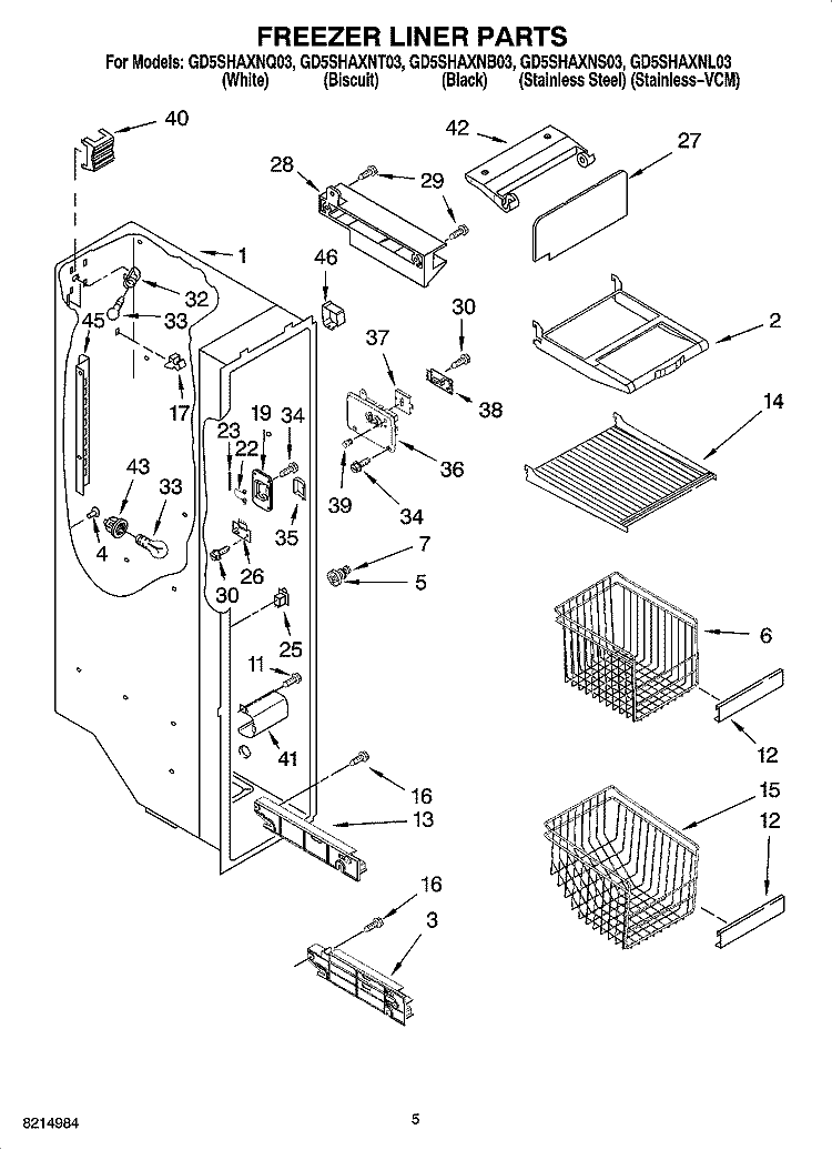 FREEZER LINER PARTS Diagram and Parts List for GD5SHAXNS03  Whirlpool Refrigerator