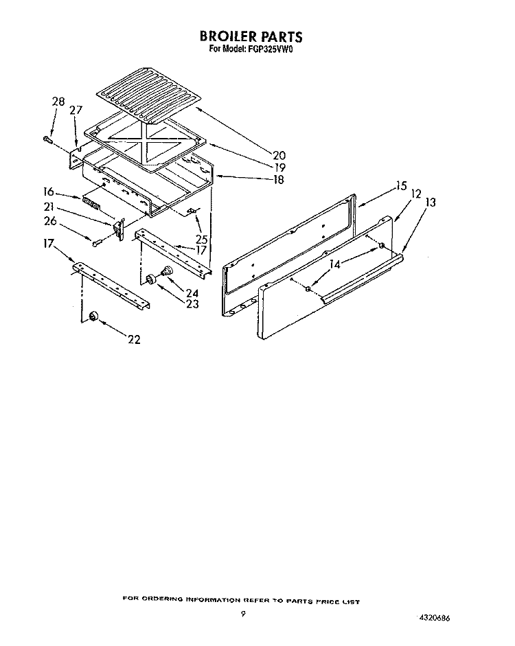 BROILER Diagram and Parts List for FGP325VL0  Whirlpool Range