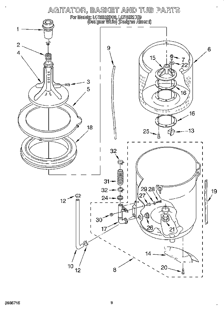 AGITATOR, BASKET AND TUB Diagram and Parts List for LCR5232DQ0  Whirlpool Washer
