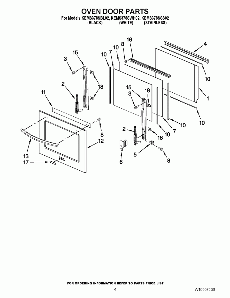 OVEN DOOR PARTS Diagram and Parts List for KEMS378SBL02  KitchenAid Microwave Oven Combo