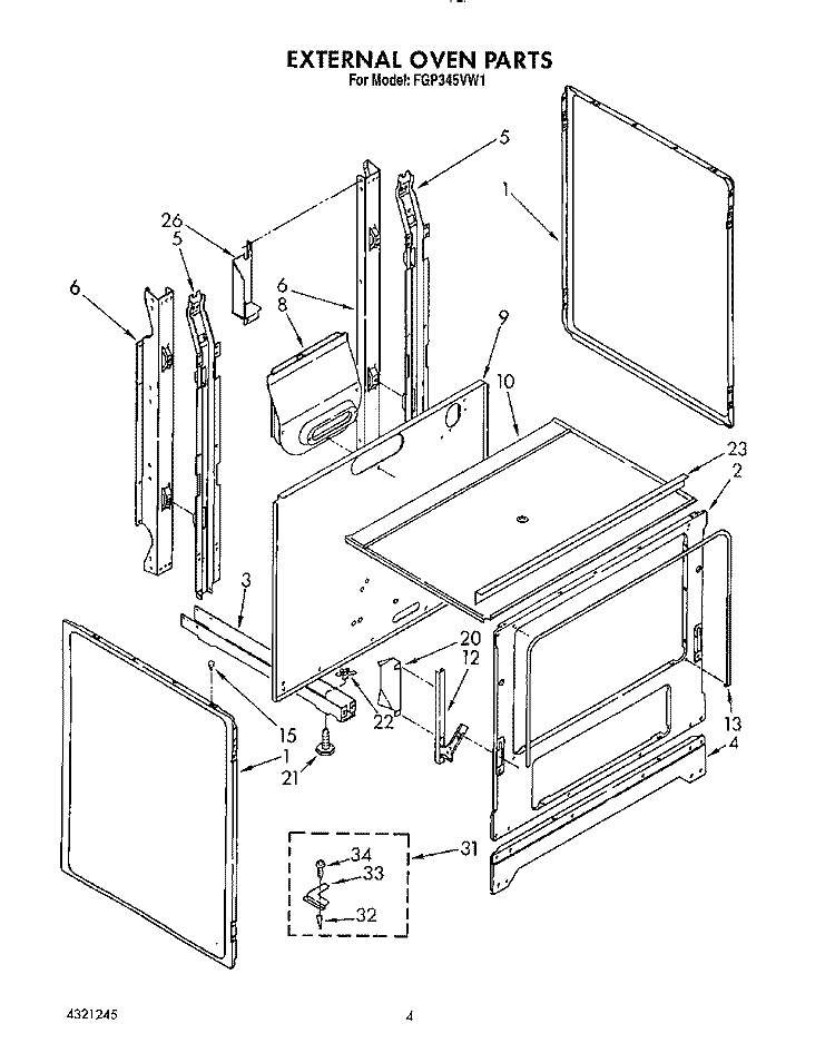 EXTERNAL OVEN Diagram and Parts List for FGP345VW1  Roper Range